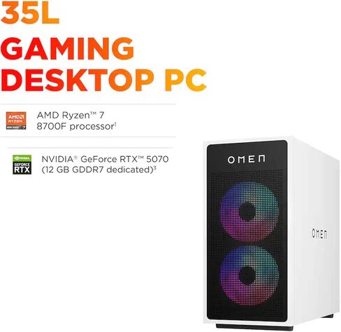 كمبيوتر مكتبي HP OMEN 35L AI للألعاب (AMD Ryzen 7 8700F، GeForce RTX 5070 12GB GDDR7، 32GB DDR5، 1TB PCIe SSD + 2TB HDD، مراوح RGB، 850W PSU، WiFi 6، Win 11 Pro) مع موسع منفذ USB DKZ in Saudi Arabia
