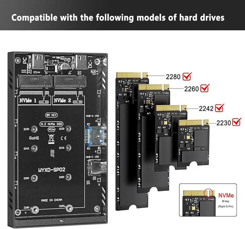 حاوية مزدوجة الخليج USB3.2 10 جيجابت في الثانية تدعم حافظة محركات الأقراص الصلبة لـ 2242/2260/2280 حالة القرص ذات الفتحة المزدوجة in Saudi Arabia