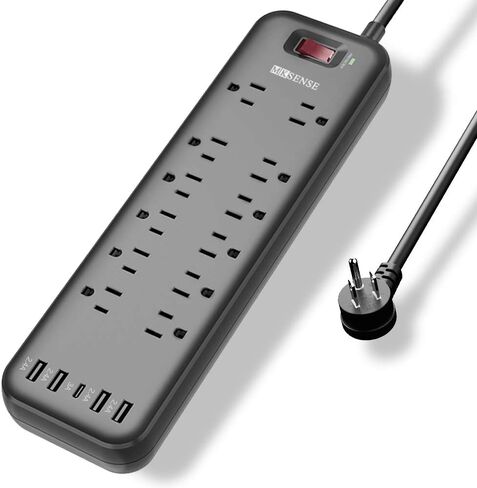 قطاع الطاقة، واقي التيار MKSENSE مع 12 منفذًا و4 منافذ USB ومنفذ واحد من النوع C (5 فولت/3 أمبير)، 3600 جول، قابس مسطح بزاوية، منافذ متباعدة ومنفذ طاقة مدرج في قائمة ETL للمكتب المنزلي - أسود in Kuwait