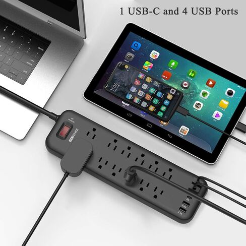 قطاع الطاقة، واقي التيار MKSENSE مع 12 منفذًا و4 منافذ USB ومنفذ واحد من النوع C (5 فولت/3 أمبير)، 3600 جول، قابس مسطح بزاوية، منافذ متباعدة ومنفذ طاقة مدرج في قائمة ETL للمكتب المنزلي - أسود in Kuwait