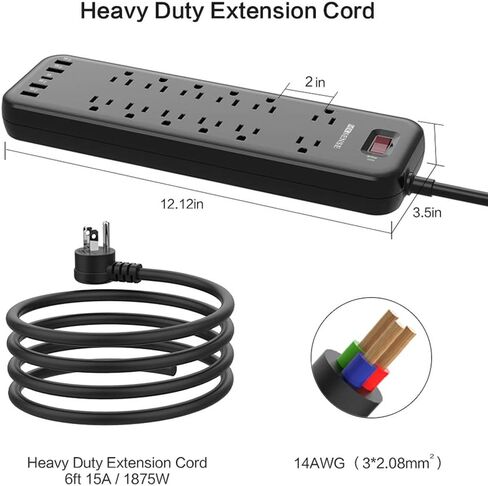 قطاع الطاقة، واقي التيار MKSENSE مع 12 منفذًا و4 منافذ USB ومنفذ واحد من النوع C (5 فولت/3 أمبير)، 3600 جول، قابس مسطح بزاوية، منافذ متباعدة ومنفذ طاقة مدرج في قائمة ETL للمكتب المنزلي - أسود in Kuwait