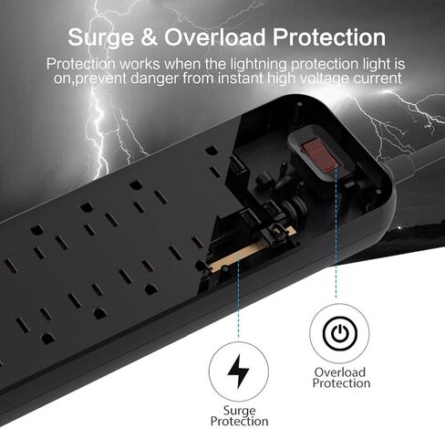 قطاع الطاقة، واقي التيار MKSENSE مع 12 منفذًا و4 منافذ USB ومنفذ واحد من النوع C (5 فولت/3 أمبير)، 3600 جول، قابس مسطح بزاوية، منافذ متباعدة ومنفذ طاقة مدرج في قائمة ETL للمكتب المنزلي - أسود in Kuwait