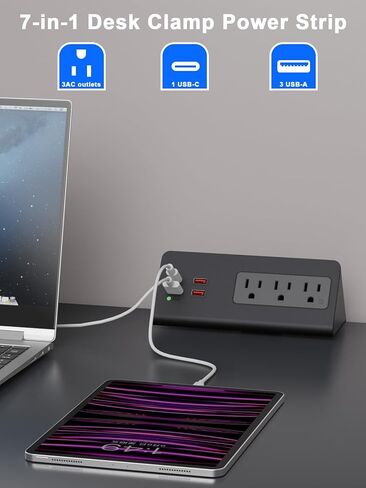 منضدة حافة جبل قطاع الطاقة مع PD 20W USB-C منافذ مكتب شحن محطة عرام حامي المشبك قطاع الطاقة مع 3 منافذ التيار المتردد و 4 منافذ USB شحن سريع لملحقات المكتب المنزلي (أسود) in Kuwait