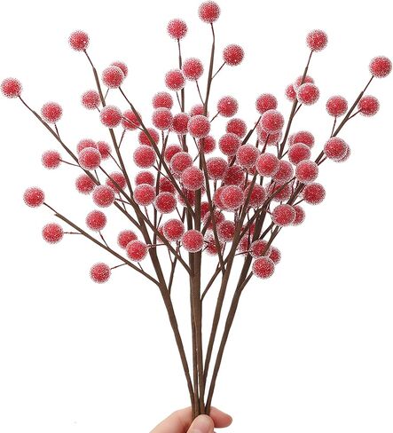 Suncalla 24 Pcs Christmas Red Berry Stems, 13.5" Holly Frosted Artificial Red Berries Stems, Waterproof Snowy Berry Branches Picks for Christmas Tree Decor DIY Wreath Floral Arrangement Gift Wrapping in Saudi Arabia