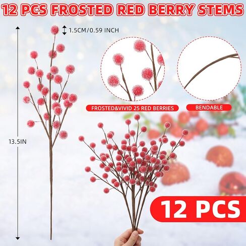 Suncalla 24 Pcs Christmas Red Berry Stems, 13.5" Holly Frosted Artificial Red Berries Stems, Waterproof Snowy Berry Branches Picks for Christmas Tree Decor DIY Wreath Floral Arrangement Gift Wrapping in Saudi Arabia