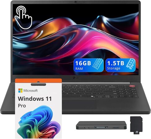 لاب توب LG Gram 15.6 بوصة FHD يعمل باللمس، Intel Ultra 7 255U، 64 جيجابايت DDR5، تخزين 3 تيرابايت (2 تيرابايت SSD+1 تيرابايت محطة إرساء)، Intel Graphics، Copilot+ PC، لوحة أرقام، كاميرا ويب عالية الدقة، Wi-Fi 6، Win11 Pro، أسود in Kuwait