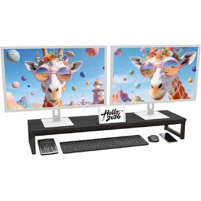 Dual Monitor Stand Riser, 38.7'' Long Wood and Steel Monitor Stand for 2 Monitors, Ergonomic Desktop Organizer with Tablet Stand for Computer,Laptop,TV (Black) in Saudi Arabia