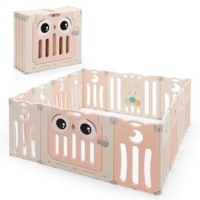 Costzon Baby Playpen 10-Panel Foldable Kids Play Yard, Indoor Outdoor Portable Baby Fence w/Additional Table Panels, Seat Stool, Lockable Gate & Educational Toys, Adjustable Shape (10-Panel) in Kuwait