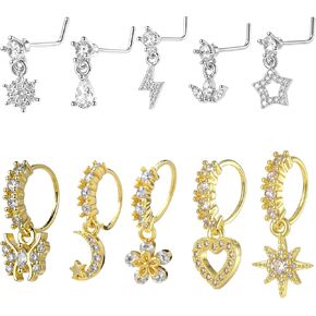 10 Pcs Dangle Nose Ring Hoop 20g Cz Flower Star Moon Butterfly Crown Nose Rings with Charm L Shaped Dangling Nose Stud Cute Nose Indian Piercing Jewelry Cartilage Earring For Women in Kuwait