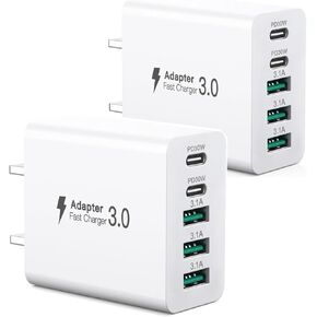 【عبوة من قطعتين】 شاحن iPhone سريع USBC، شاحن حائط USB C بقدرة 80 وات، كتلة شحن سريعة متعددة المنافذ مزدوجة 30 وات، قابس عالمي 5 منافذ متوافق مع iPhone 17/16/15، Google Pixel 10Pro/10/9Pro/9a/8/7، iPad in Kuwait