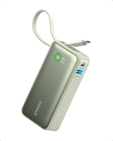 باور بانك نانو من أنكر، شاحن محمول بسعة 10,000 مللي أمبير في الساعة مع كابل USB-C مدمج، إعادة شحن 30 وات، خرج 30 وات كحد أقصى مع USB-C&A، لسلسلة iPhone 16/15، MacBook، Galaxy، AirPods، والمزيد in Kuwait