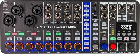 جهاز مزج/مسجل رقمي Zoom LiveTrak L6max، يعمل بالبطارية، 32 بت، 12 قناة، 4 كومبو + 8 مدخلات ستيريو، MIDI، تأثيرات، وسادات صوت، 3 نطاقات EQ، مسار الارتداد، تقليل الضوضاء بالذكاء الاصطناعي، والمزيد in Saudi Arabia