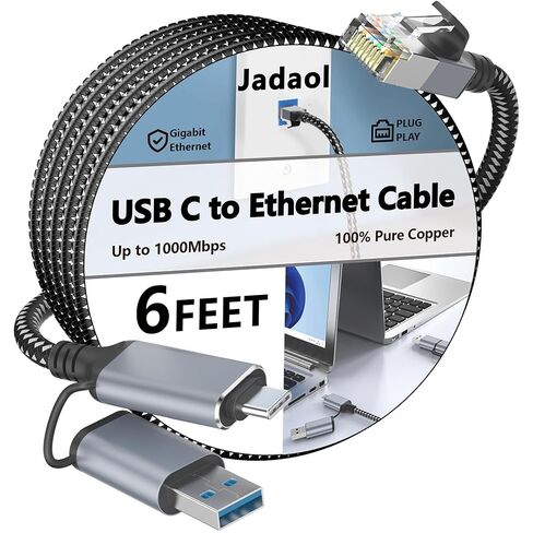 كابل Jadaol USB-C/USB-A إلى Ethernet بطول 6 أقدام، محول USB-A مدمج، ما يصل إلى 1 جيجابت في الثانية جيجابت RJ45 LAN، التوصيل والتشغيل لمعظم الأنظمة، USB 3.0، مجدول من النايلون، متوافق مع جهاز Thunderbolt 3/4 in Kuwait