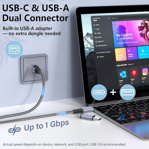 كابل Jadaol USB-C/USB-A إلى Ethernet بطول 6 أقدام، محول USB-A مدمج، ما يصل إلى 1 جيجابت في الثانية جيجابت RJ45 LAN، التوصيل والتشغيل لمعظم الأنظمة، USB 3.0، مجدول من النايلون، متوافق مع جهاز Thunderbolt 3/4 in Kuwait