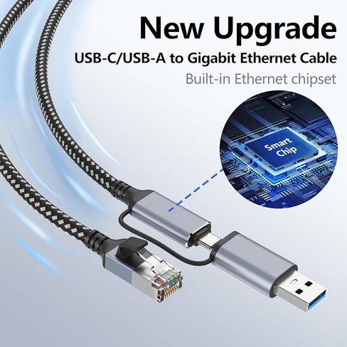 كابل Jadaol USB-C/USB-A إلى Ethernet بطول 6 أقدام، محول USB-A مدمج، ما يصل إلى 1 جيجابت في الثانية جيجابت RJ45 LAN، التوصيل والتشغيل لمعظم الأنظمة، USB 3.0، مجدول من النايلون، متوافق مع جهاز Thunderbolt 3/4 in Kuwait
