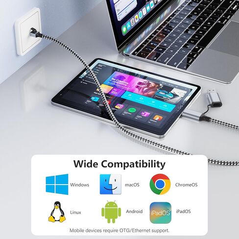 كابل Jadaol USB-C/USB-A إلى Ethernet بطول 6 أقدام، محول USB-A مدمج، ما يصل إلى 1 جيجابت في الثانية جيجابت RJ45 LAN، التوصيل والتشغيل لمعظم الأنظمة، USB 3.0، مجدول من النايلون، متوافق مع جهاز Thunderbolt 3/4 in Kuwait