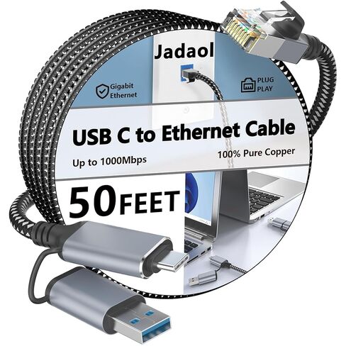 كابل Jadaol USB-C/USB-A إلى Ethernet بطول 6 أقدام، محول USB-A مدمج، ما يصل إلى 1 جيجابت في الثانية جيجابت RJ45 LAN، التوصيل والتشغيل لمعظم الأنظمة، USB 3.0، مجدول من النايلون، متوافق مع جهاز Thunderbolt 3/4 in Kuwait