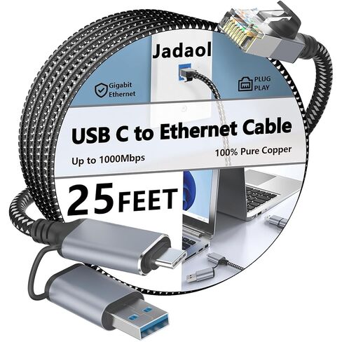 كابل Jadaol USB-C/USB-A إلى Ethernet بطول 6 أقدام، محول USB-A مدمج، ما يصل إلى 1 جيجابت في الثانية جيجابت RJ45 LAN، التوصيل والتشغيل لمعظم الأنظمة، USB 3.0، مجدول من النايلون، متوافق مع جهاز Thunderbolt 3/4 in Kuwait