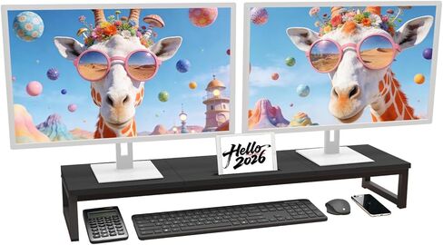 Dual Monitor Stand Riser, 38.7'' Long Wood and Steel Monitor Stand for 2 Monitors, Ergonomic Desktop Organizer with Tablet Stand for Computer,Laptop,TV (Black) in Saudi Arabia