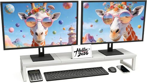 Dual Monitor Stand Riser, 38.7'' Long Wood and Steel Monitor Stand for 2 Monitors, Ergonomic Desktop Organizer with Tablet Stand for Computer,Laptop,TV (Black) in Kuwait