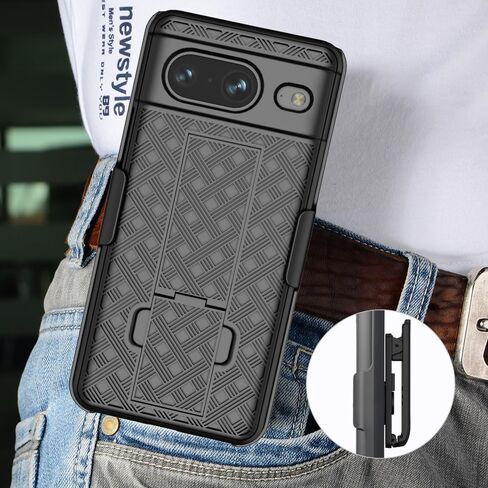 حافظة مع مشبك لهاتف Google Pixel 8، Nakedcellphone [نسيج شبكي] غطاء صلب نحيف مع حامل و[دوار/سقاطة] مجموعة حامل حزام الورك - أسود غير لامع in Kuwait