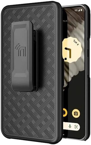 حافظة مع مشبك لهاتف Google Pixel 8، Nakedcellphone [نسيج شبكي] غطاء صلب نحيف مع حامل و[دوار/سقاطة] مجموعة حامل حزام الورك - أسود غير لامع in Kuwait