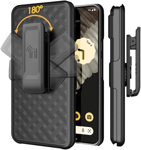 حافظة مع مشبك لهاتف Google Pixel 8، Nakedcellphone [نسيج شبكي] غطاء صلب نحيف مع حامل و[دوار/سقاطة] مجموعة حامل حزام الورك - أسود غير لامع in Kuwait