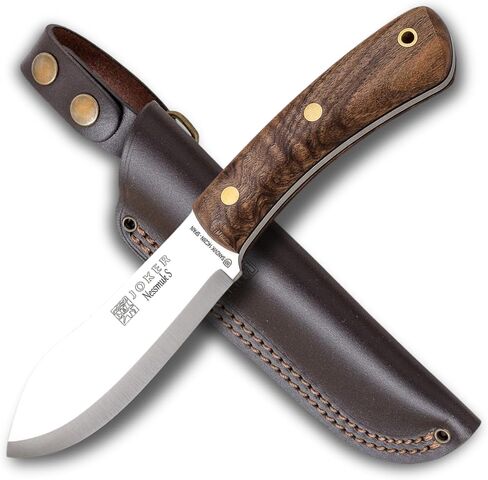 Joker Knife Nessmuk S 132, 4.3 in. Blade Sandvik 14C28N, Birch and Walnut Handle, Brown Leather Sheath, Fishing, Hunting, Camping and Trekking Tool (Walnut Wood, Leather Sheath) in Saudi Arabia