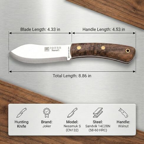 Joker Knife Nessmuk S 132, 4.3 in. Blade Sandvik 14C28N, Birch and Walnut Handle, Brown Leather Sheath, Fishing, Hunting, Camping and Trekking Tool (Walnut Wood, Leather Sheath) in Saudi Arabia