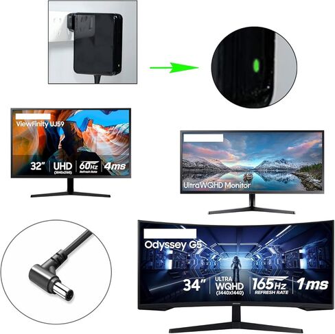 محول تيار متردد 19 فولت متوافق مع شاشة الألعاب Samsung U32J590UQN LU32J590UQNXZA Odyssey G5 LC34G55TWWNXZA SJ55W LS34J550WQNXZA S34J550WQ S34J552WQU Ultrawide Gaming Monitor A5919_KPNL in Kuwait