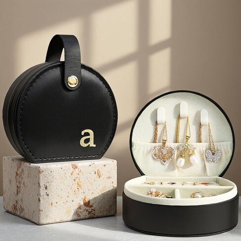 COLLECTIVE HOME - Travel Jewelry Case, Elegant Half-Moon Design with Gold Monogram, Detachable Handle, Personalized Accessory Organizer, Gift for Fashion-Forward Women and Teens, Black (s) in Saudi Arabia