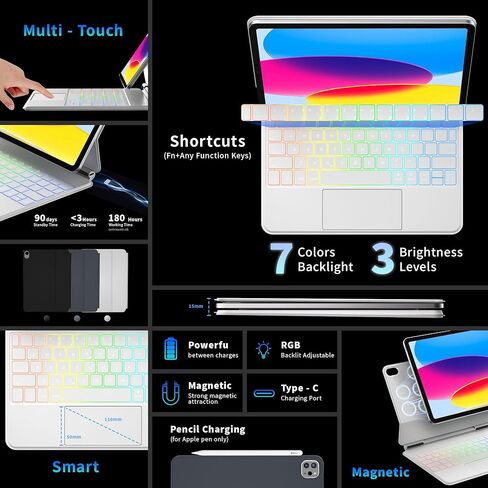حافظة لوحة مفاتيح IPad الجيل العاشر 2022 والجيل الحادي عشر (A16، 2025) - لوحة مفاتيح سحرية مع لوحة لمس متعددة - حامل ناتئ عائم - حافظة مغناطيسية لجهاز iPad 10.9 بوصة من الجيل العاشر/الحادي عشر (أبيض) in Kuwait