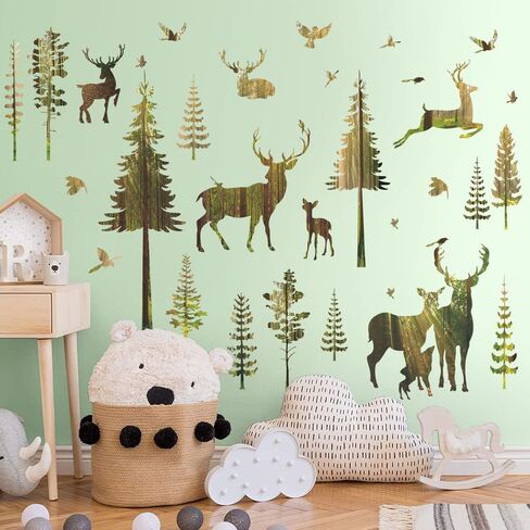 Silhouette Forest Wall Decals Creative Elk Deer with Pine Trees Peel & Stick Wall Stickers, DIY Removable Nature Scene Wall Art for Living Room, Nursery, Bedroom Corner Decor in Saudi Arabia