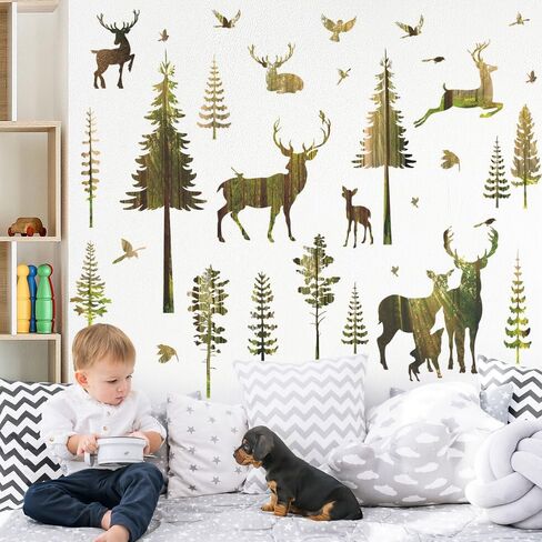 Silhouette Forest Wall Decals Creative Elk Deer with Pine Trees Peel & Stick Wall Stickers, DIY Removable Nature Scene Wall Art for Living Room, Nursery, Bedroom Corner Decor in Saudi Arabia