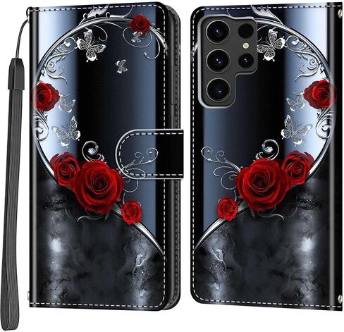 حافظة محفظة لهاتف Samsung Galaxy S24 Ultra، [مسند] حامل 3 بطاقات [غلاف داخلي من مادة TPU مقاوم للصدمات]، غطاء قلاب واقٍ مغناطيسي من جلد البولي يوريثان مقاس 6.8 بوصات 2024، فراشة وردية in Kuwait