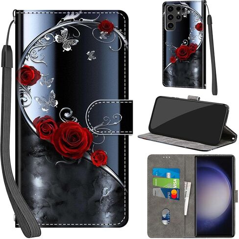 حافظة محفظة لهاتف Samsung Galaxy S24 Ultra، [مسند] حامل 3 بطاقات [غلاف داخلي من مادة TPU مقاوم للصدمات]، غطاء قلاب واقٍ مغناطيسي من جلد البولي يوريثان مقاس 6.8 بوصات 2024، فراشة وردية in Kuwait