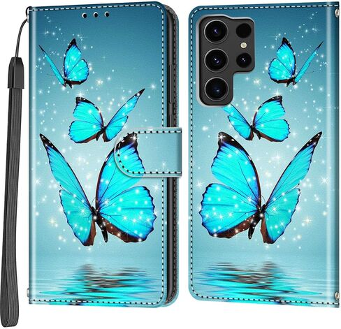 حافظة محفظة لهاتف Samsung Galaxy S24 Ultra، [مسند] حامل 3 بطاقات [غلاف داخلي من مادة TPU مقاوم للصدمات]، غطاء قلاب واقٍ مغناطيسي من جلد البولي يوريثان مقاس 6.8 بوصات 2024، فراشة وردية in Kuwait