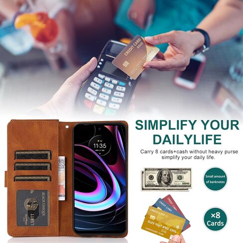 متوافق مع هاتف Motorola Moto Edge 2021/MotoEdge 5G UW 2021، جراب محفظة من الزجاج المقسى وواقي شاشة من الزجاج المقسى وغطاء قلاب من الجلد القديم بسحاب وحامل بطاقات وحامل ملحقات خلوية لـ XT2141-1 بني in Saudi Arabia