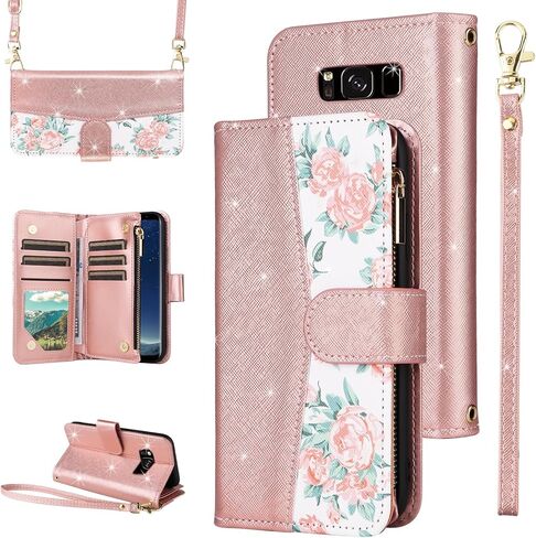 for Samsung Galaxy A16 5G/4G Floral Wallet Case with Zipper Purse Wrist Strap Shoulder Strap, Luxury Glitter PU Leather Card Holder Stand Accessories Cell Phone Cover for A 16 Women Purple in Saudi Arabia
