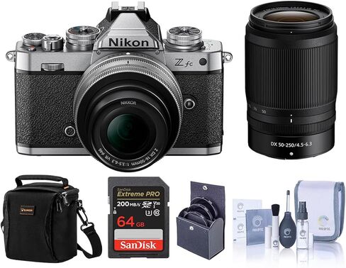 كاميرا Nikon Z fc DX-Format بدون مرآة مع عدسة 16-50 مم f/3.5-6.3، فضية وعدسة 50-250 مم f/4.5-6.3، حزمة مع بطاقة ذاكرة 64 جيجابايت، حقيبة، طقم فلتر 62 مم و46 مم in Saudi Arabia
