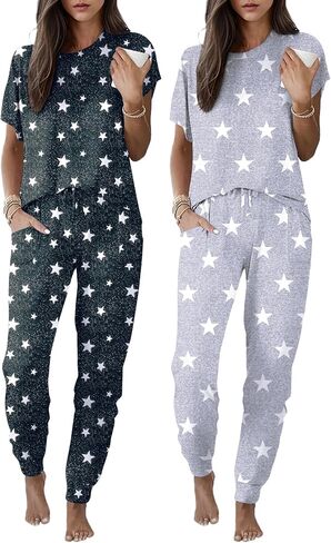 Ekouaer 2 pack Pajama Sets for Womens Jogger Pants Pjs Short Sleeves Lounge Set Soft Sleepwear with Pockets in Saudi Arabia