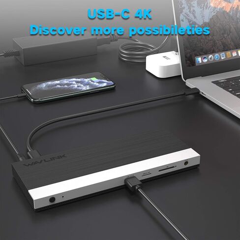 محطة إرساء WAVLINK 4K USB C شاشة ثلاثية 2 HDMI + 1 منفذ عرض مع طاقة 100 وات، LAN، 4 USB 3.0، قارئ بطاقة SD، صوت، لجهاز Dell XPS 13/15، MacBook Pro، Lenovo Yoga، إلخ - إصدار ترقية 2023 in Kuwait