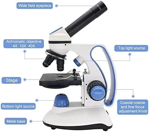 طقم مجهر 40X-2000X مجهر أحادي العين، مع مصابيح علوية/سفلية قابلة للتعديل ومحولات عدسة مجهر بإضاءة LED in Kuwait