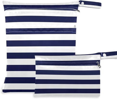 Kigai Navy Blue Stripes Wet Dry Bags 2 Pack, Waterproof Reusable Baby Cloth Diaper Wet Dry Bag with Zipper Pocket for Travel, Beach, Stroller, Gym Dirty Clothes, Wet Swimsuits in Saudi Arabia
