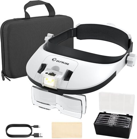 COLFULINE Headband Magnifier with Light & 5 Interchangeable Lenses (1.5X to 13X), Rechargeable Hands-Free Magnifying Glass with USB Charging for Close Work, Reading, Crafts in Saudi Arabia