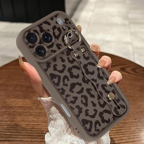 حافظة MOWIME متوافقة مع هاتف iPhone 17 Pro Max مع حزام الإصبع، [محدث] غطاء مسند قابل للتعديل لسوار المعصم للنساء والفتيات، حافظة واقية من السيليكون المقاوم للصدمات بطبعة الفهد، مقاس 6.9 بوصة، بني in Kuwait