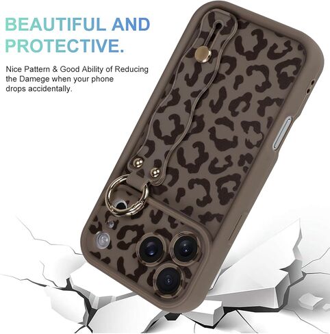 حافظة MOWIME متوافقة مع هاتف iPhone 17 Pro Max مع حزام الإصبع، [محدث] غطاء مسند قابل للتعديل لسوار المعصم للنساء والفتيات، حافظة واقية من السيليكون المقاوم للصدمات بطبعة الفهد، مقاس 6.9 بوصة، بني in Kuwait