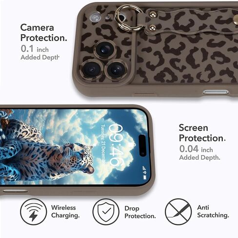 حافظة MOWIME متوافقة مع هاتف iPhone 17 Pro Max مع حزام الإصبع، [محدث] غطاء مسند قابل للتعديل لسوار المعصم للنساء والفتيات، حافظة واقية من السيليكون المقاوم للصدمات بطبعة الفهد، مقاس 6.9 بوصة، بني in Kuwait