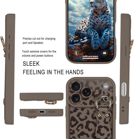 حافظة MOWIME متوافقة مع هاتف iPhone 17 Pro Max مع حزام الإصبع، [محدث] غطاء مسند قابل للتعديل لسوار المعصم للنساء والفتيات، حافظة واقية من السيليكون المقاوم للصدمات بطبعة الفهد، مقاس 6.9 بوصة، بني in Kuwait