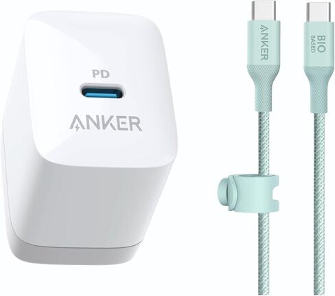 محول طاقة Anker 20 واط USB-C وكابل USB-C من النايلون الحيوي إلى USB-C، شاحن سريع PD صديق للبيئة 20 واط وكابل شحن USB-C متين لأجهزة iPhone وiPad وAndroid وSamsung Galaxy وMacBook والمزيد in Saudi Arabia